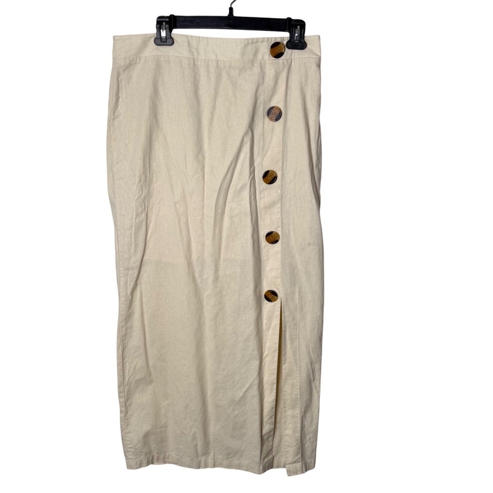 Coastal BOHO Minimalist Linen Cotton Blend Tortoise Button Pencil Skirt Women 12